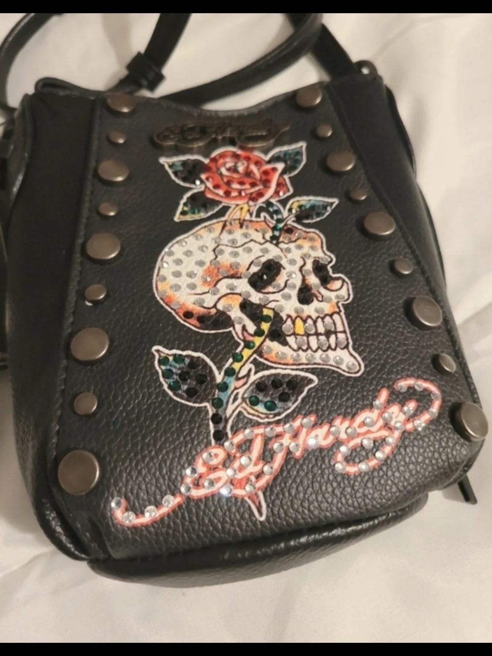 Ed Hardy Black Crossbody Bag with Embroidered Skull & Rose Detail